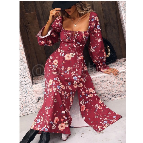 Floral Dress Square Neck Fit & Flare Maxi Long Sleeve Leg Slit Front Ties Red - Picture 6 of 10